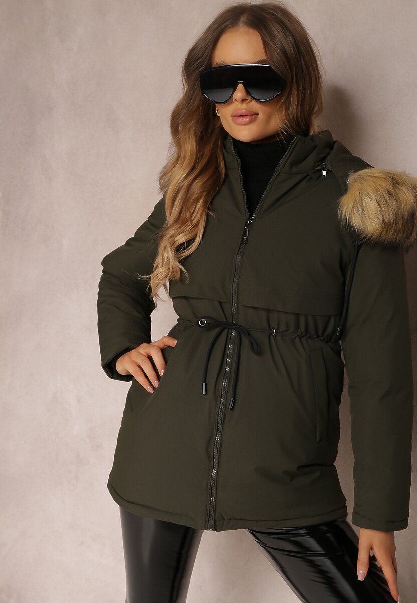 Ciemnozielona Kurtka Parka z Kapturem z Futerkiem Bimi