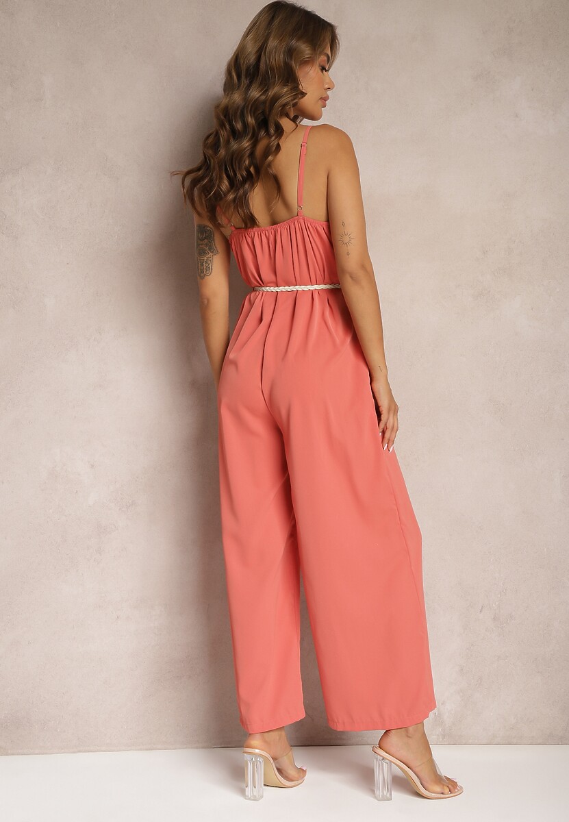 Pomarańczowy Kombinezon z Regulowanymi Ramiączkami Wiązany w Talii bez Ramiączek Juletta