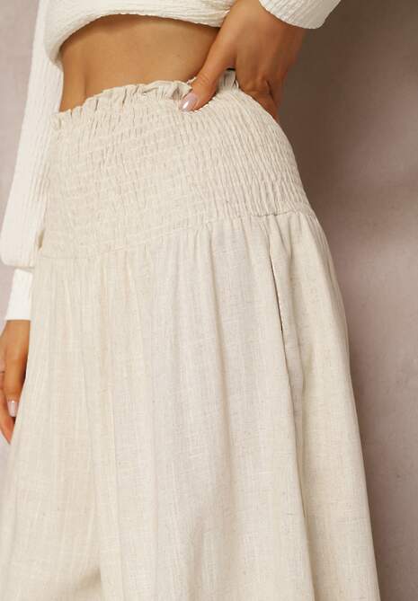 Beżowe Szerokie Spodnie Culottes z Bawełny z Gumką w Talii Ifletia