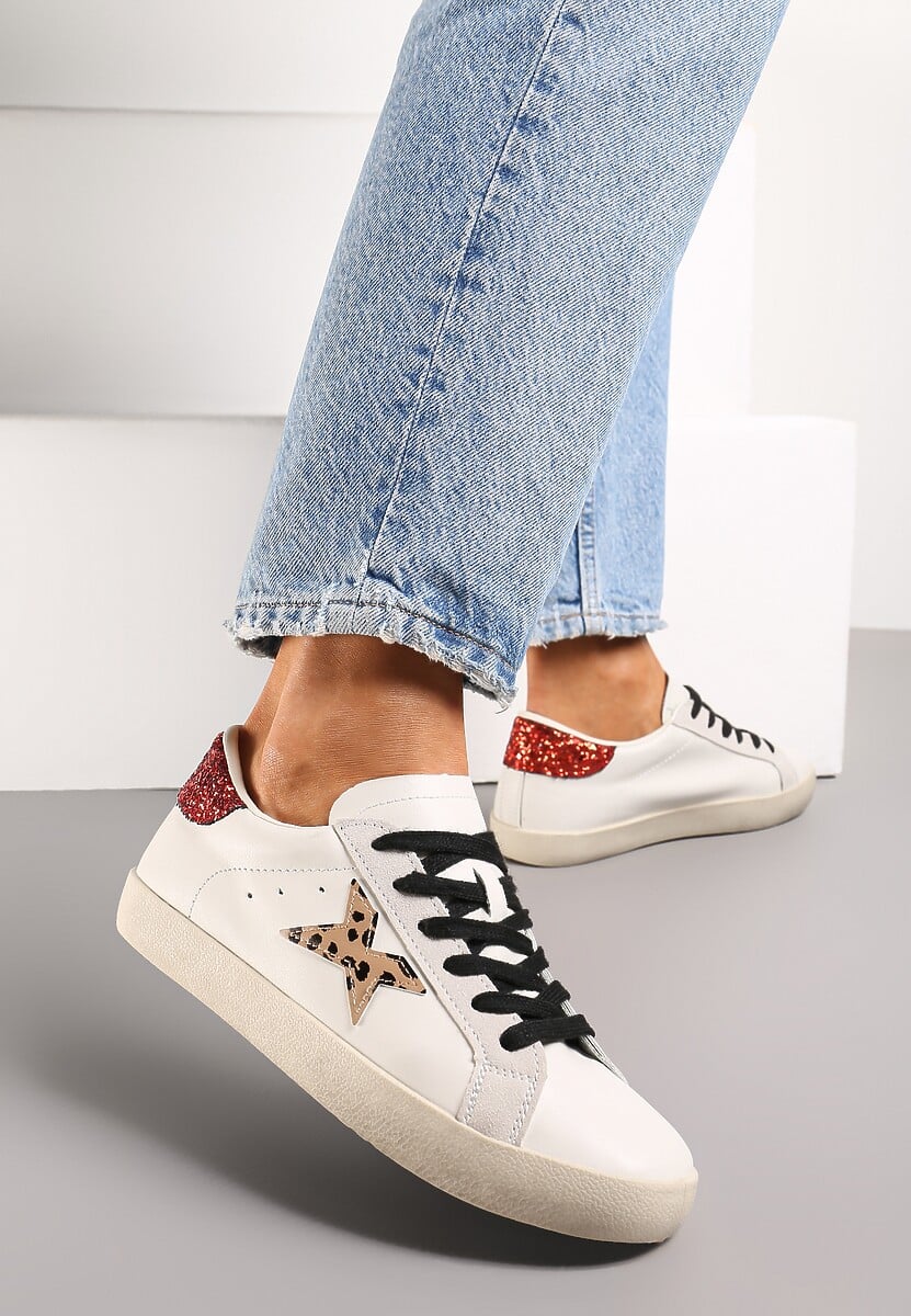 Beżowe Sneakersy ze Sznurowaniem Naszywką Gwiazdki i Brokatem Querena