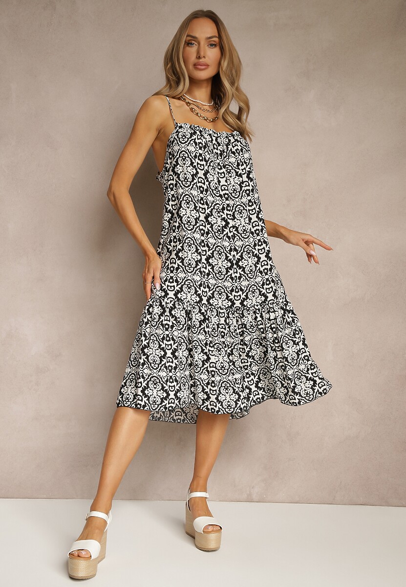 Czarna Bawełniana Sukienka o Rozkloszowanym Kroju na Ramiączkach w Etniczny Wzór Nelpio