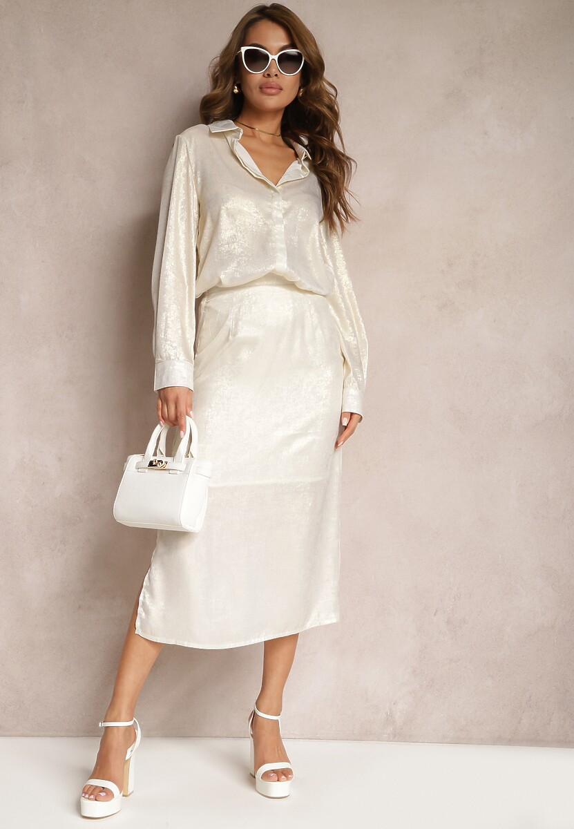 Jasnobeżowa Midi Spódnica Rozcięta na Boku o Metalicznym Połysku Acerolara