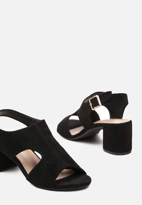 Czarne Sandały na Słupku Zapinane Wokół Kostki Ozdobione Perforacją Vierta