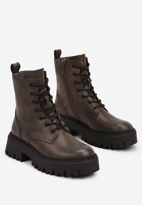 Szare Sznurowane Botki na Platformie w Stylu Workerów Sairene