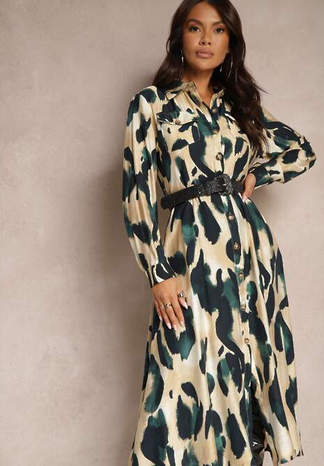 Zielono-Beżowa Wzorzysta Sukienka o Koszulowym Kroju z Paskiem z Plecionki Mirirani