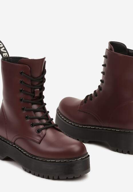 Bordowe Sznurowane Botki na Platformie w Stylu Workerów Vericca