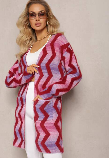 Jasnofioletowy Luźny Kardigan Niezapinany w Geometryczny Print Sheshy