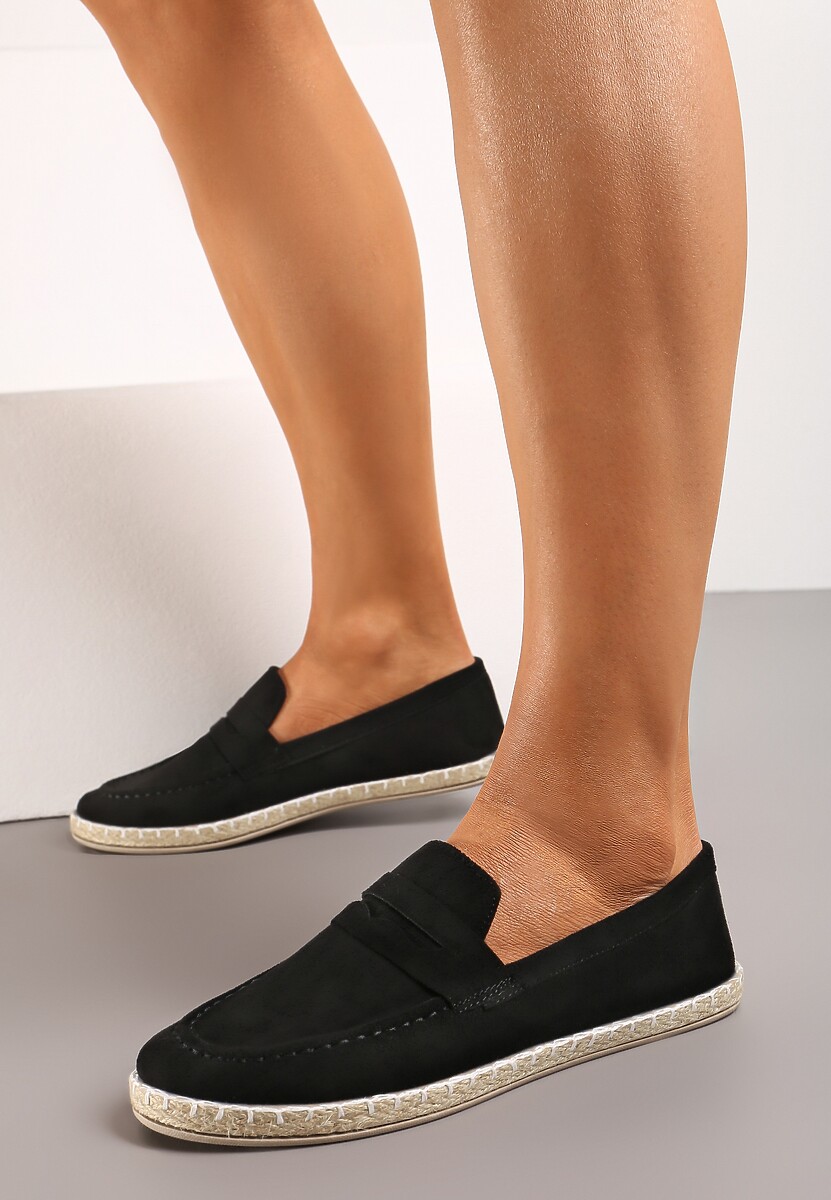 Czarne Mokasyny na Plecionej Podeszwie z Imitacji Zamszu Viadara