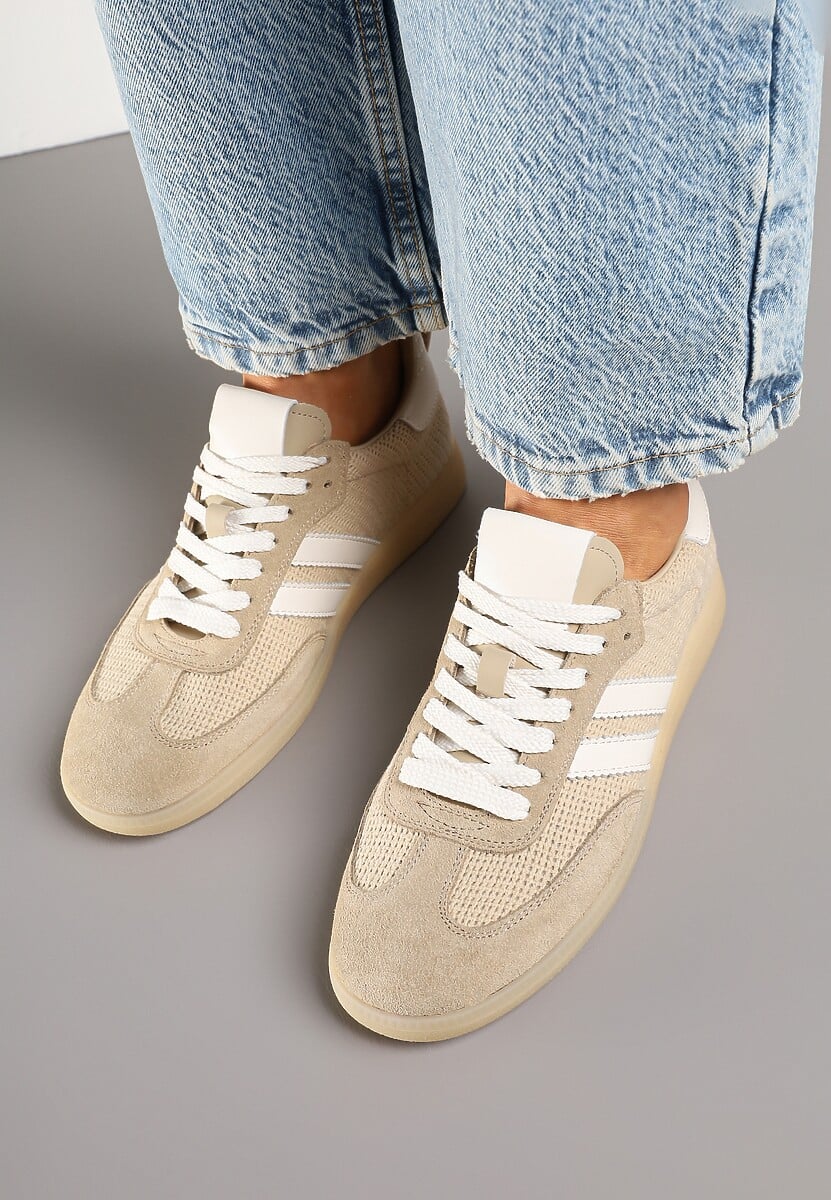 Beżowe Sneakersy Skórzane z Ozdobnymi Paskami Naniella