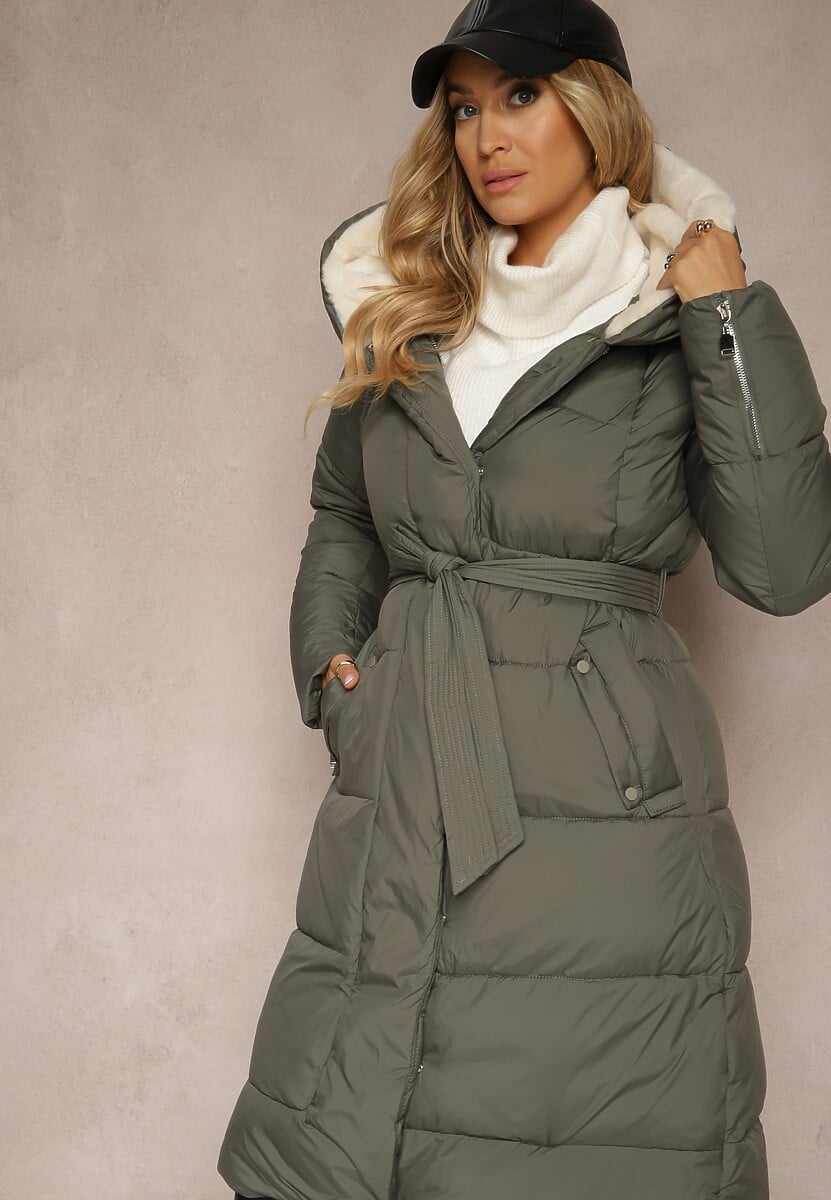 Czarna Długa Kurtka Pikowana z Kapturem Wiązana w Pasie Neanethra