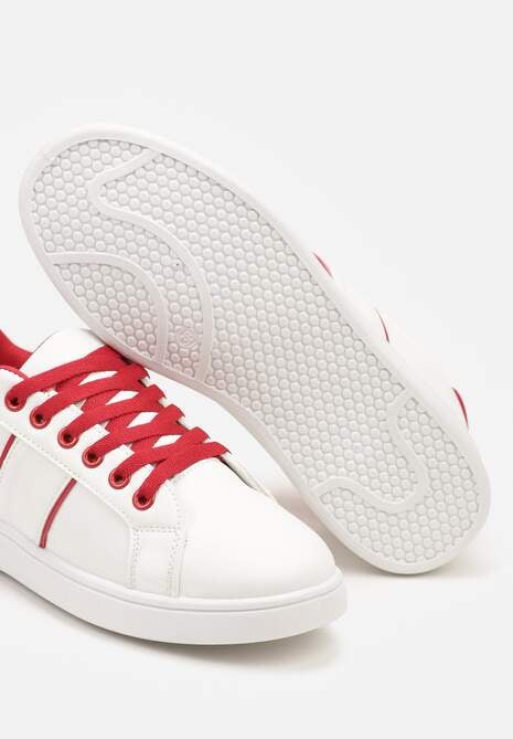 Biało-Czerwone Sznurowane Sneakersy na Płaskiej Podeszwie Wykończone Paskami Elinela