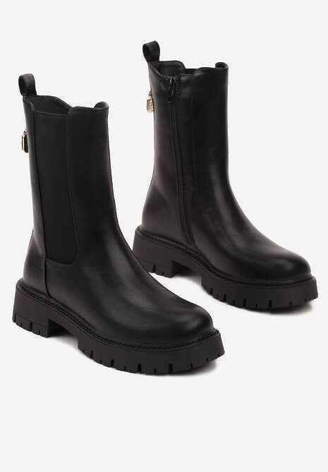 Czarne Botki Sztyblety na Płaskiej Podeszwie Ozdobione Cyrkoniami i Kłódką Hedilena