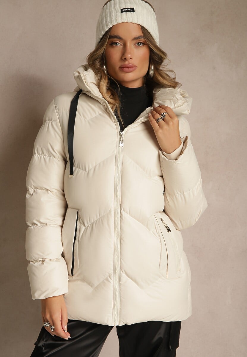 Ciemnobeżowa Kurtka Pikowana z Kapturem i Sznurkami Oleanesa