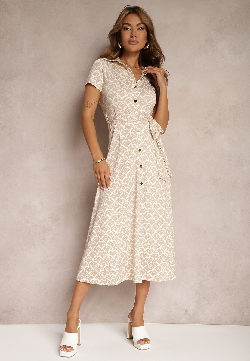 Pomarańczowa Taliowana Sukienka z Wiskozą o Kroju Koszulowym z Guzikami i Paskiem Cosofia