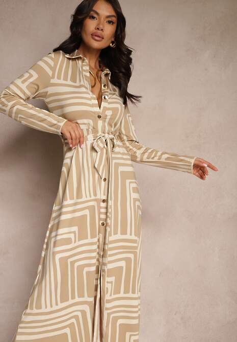 Beżowa Sukienka z Wiskozą o Koszulowym Kroju z Wiązanym Paskiem Nimiessa