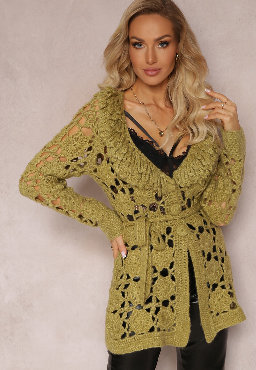 Ciemnobrązowy Ażurowy Kardigan z Wiązanym Paskiem Petrame