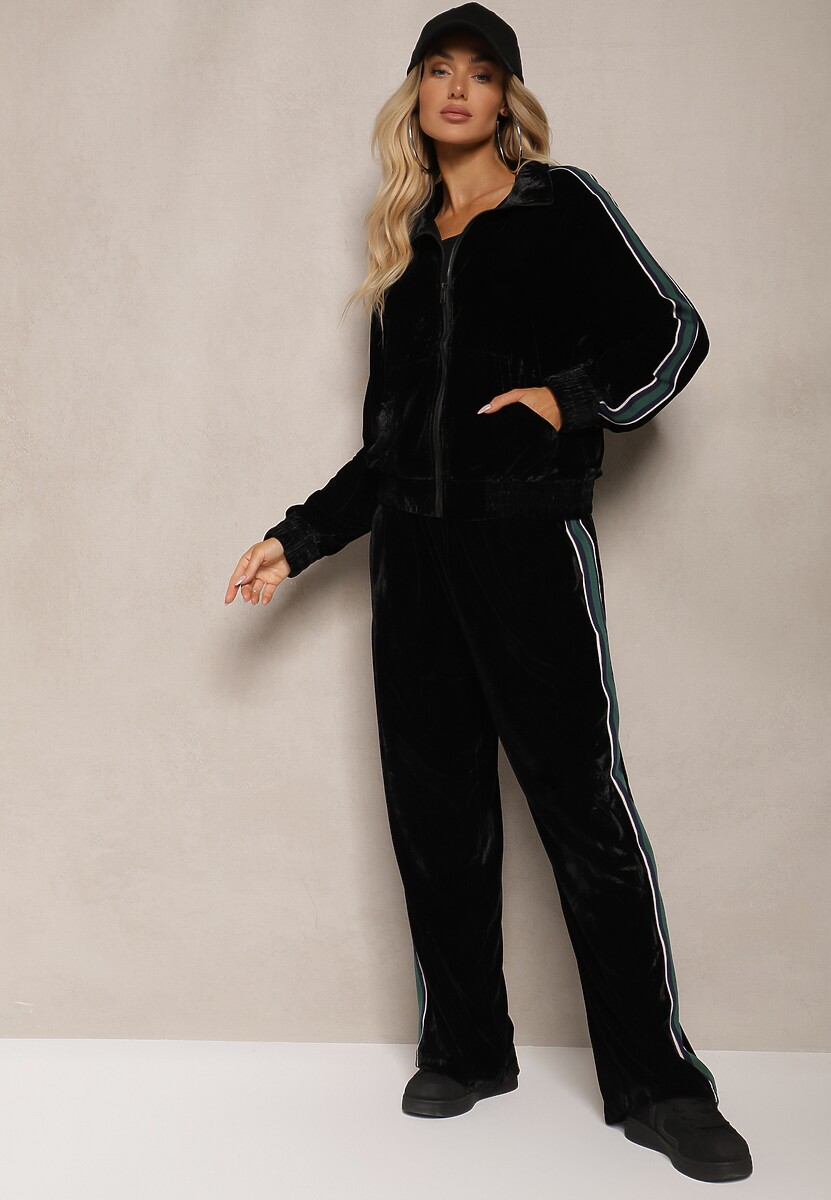Czarny Welurowy Komplet Dresowy z Bluzą i Spodniami Zdobionymi Lampasem Linvella