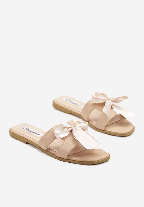 Beżowe Klapki Ozdobione Kokardą i Wycięciami Nilirelle