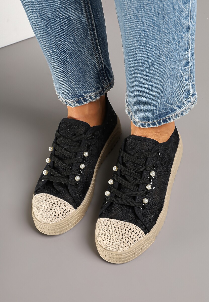 Czarne Ażurowe Trampki z Plecionką Ellisine