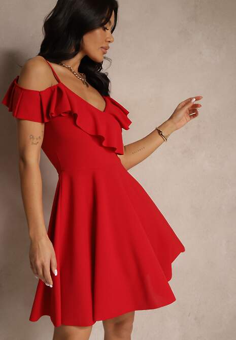 Czerwona Rozkloszowana Sukienka na Ramiączkach z Falbankami Milauri