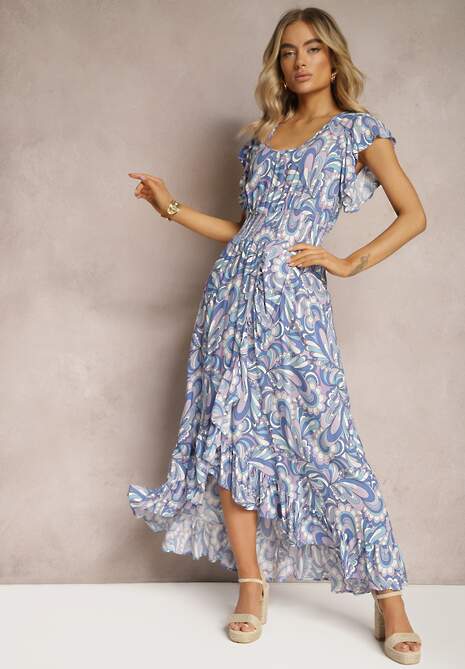 Niebieska Sukienka Boho z Gumką w Pasie i Asymetrycznym Dołem z Wiskozy Anorissa