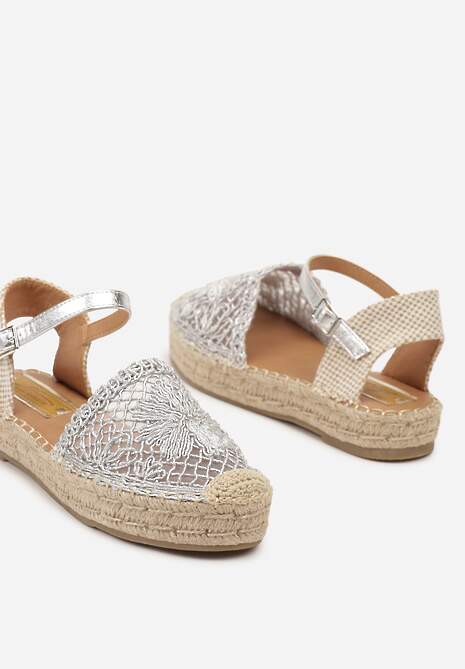 Srebrne Espadryle na Niskiej Platformie Zapinane wokół Kostki z Plecionką Asanipia