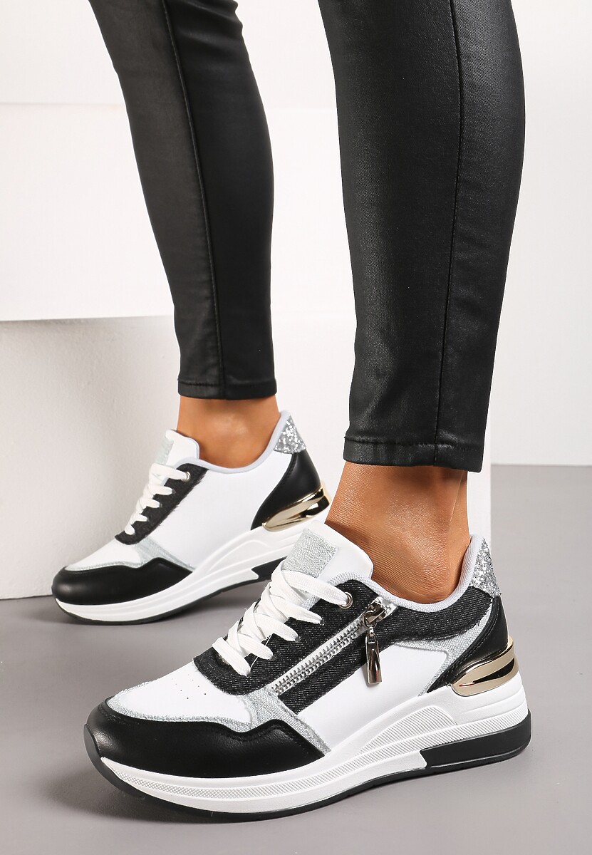 Czarno-Białe Sneakersy z Metaliczną i Brokatową Wstawką na Koturnie Neomalle