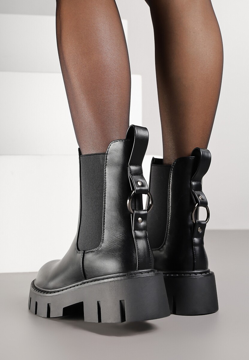 Czarne Botki Vices Sztyblety na Platformie Ozdobione Metaliczną Aplikacją Zaidera