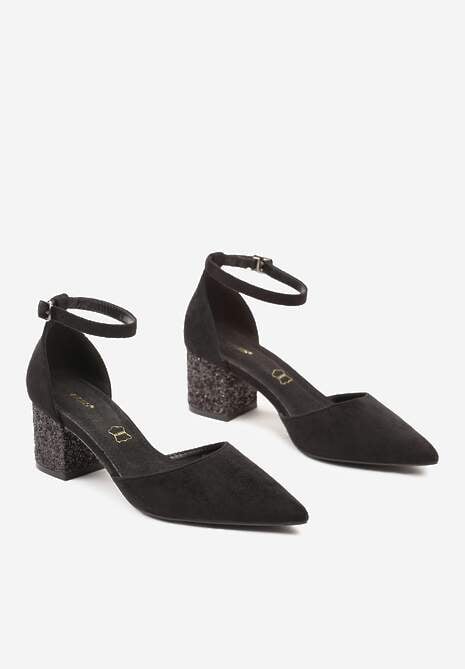 Czarne Czółenka Vices na Brokatowym Słupku z Wkładką ze Skóry Naturalnej Seathra