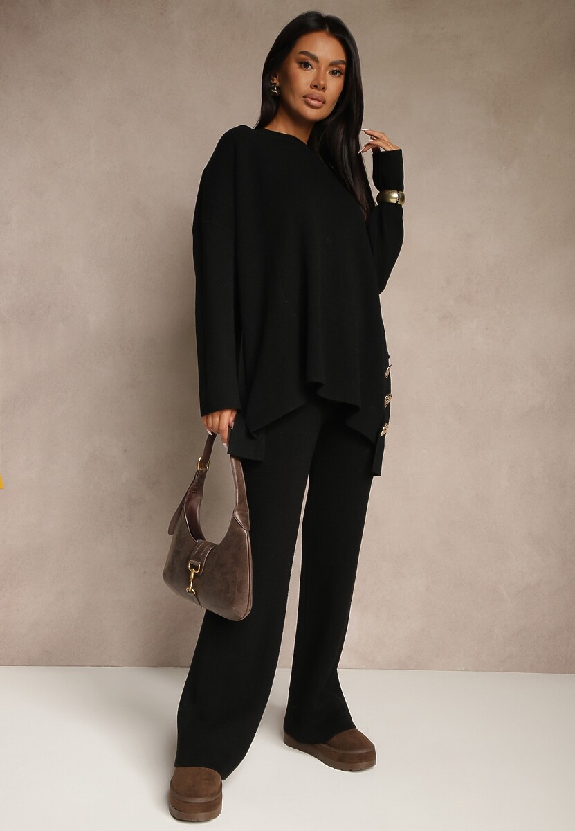 Czarne Dzianinowe Spodnie Wide Leg z Ociepleniem Miosea