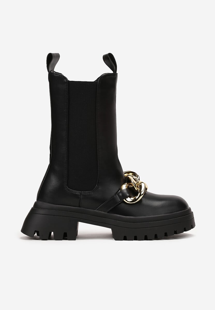 Czarne Botki Workery na Grubej Podeszwie z Łańcuchem Sylasse