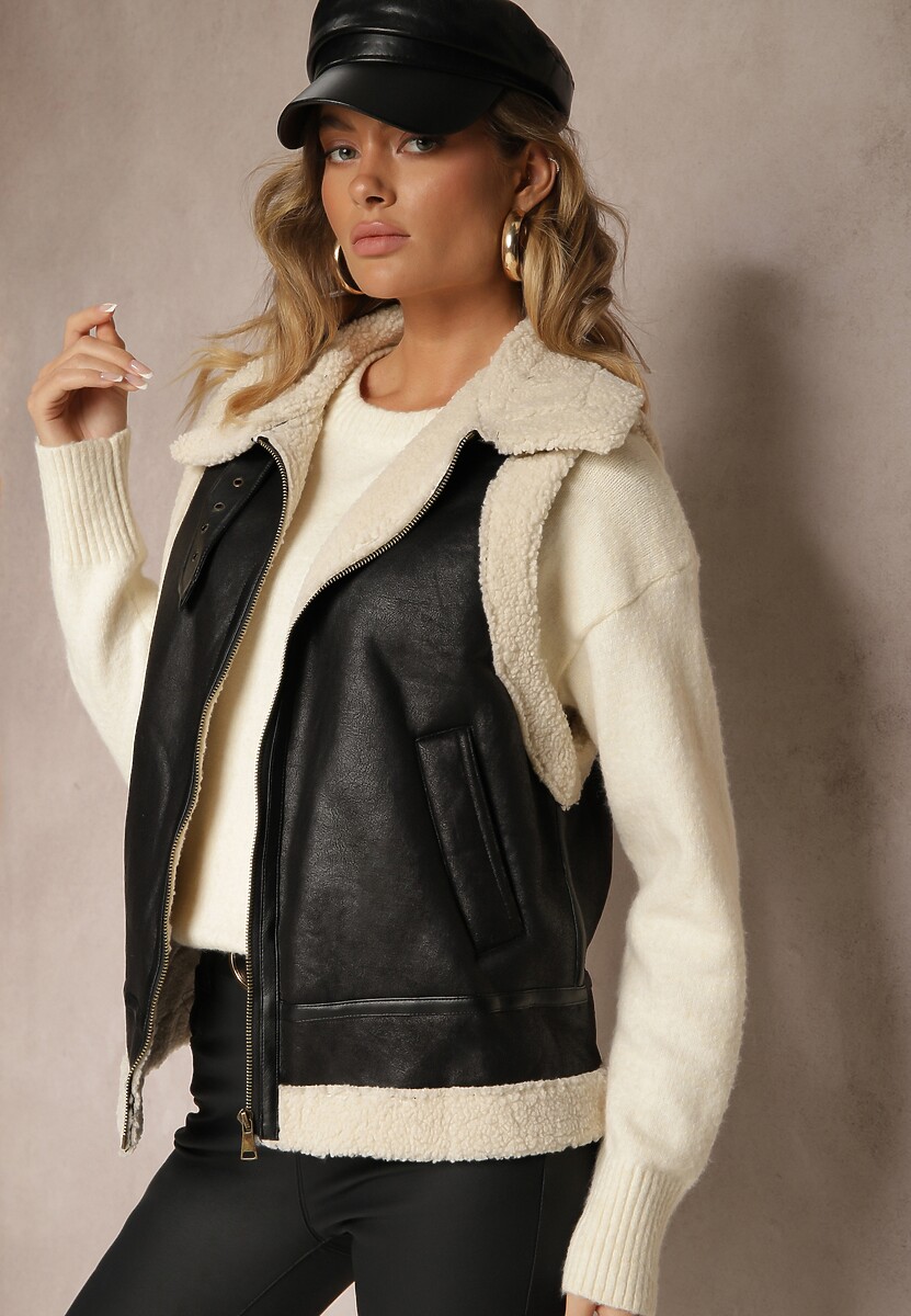 Czarna Kamizelka Ozdobiona Wstawkami z Futerka Reaelia