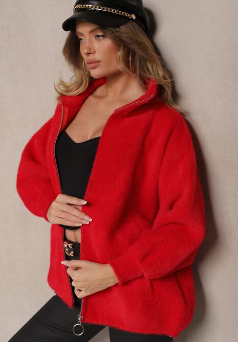 Czerwona Bluza z Wełną ze Ściągaczami i Kołnierzykiem Enadelis