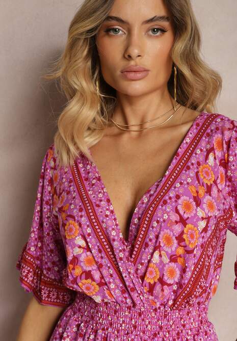 Fioletowy Kopertowy Kombinezon Bawełniany z Cienkimi Gumeczkami w Pasie Zapinany na Szyi Orithiama