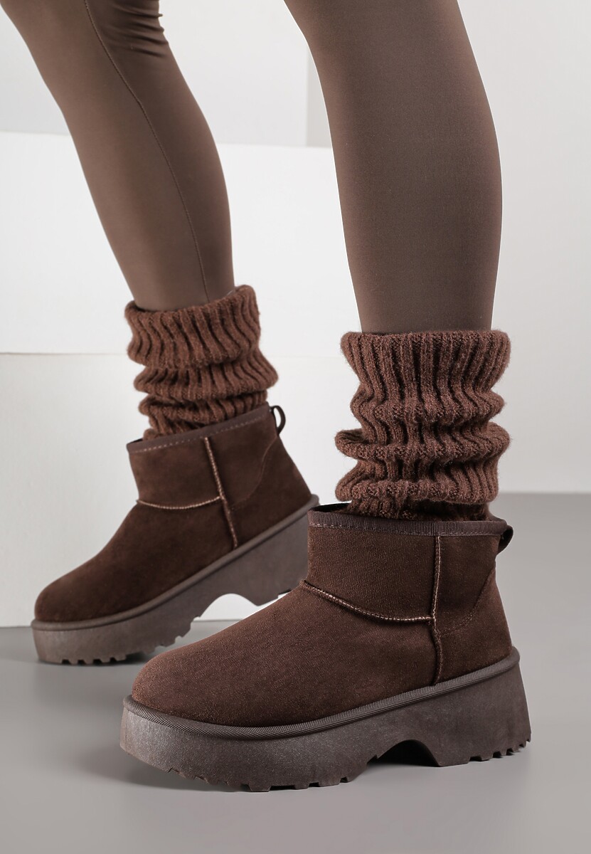 Ciemnobrązowe Śniegowce z Imitacji Zamszu o Wsuwanym Fasonie na Platformie Reilessa