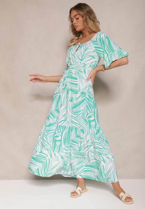 Zielona Sukienka z Bawełny o Rozkloszowanym Kroju z Motywem Liści Aluielle