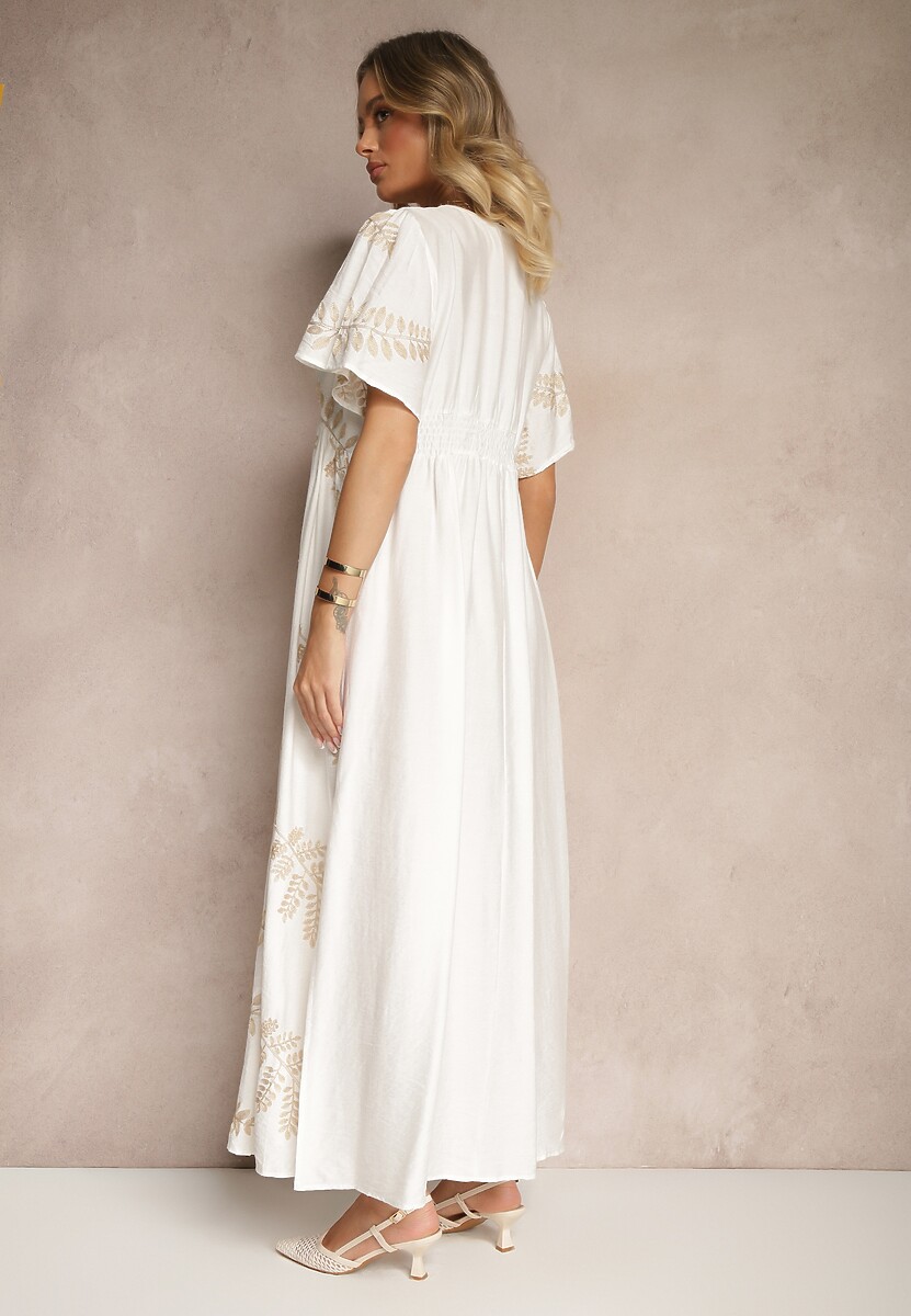Biała Rozkloszowana Sukienka z Wiskozy Ozdobiona Haftowanymi Liśćmi Tirvesa