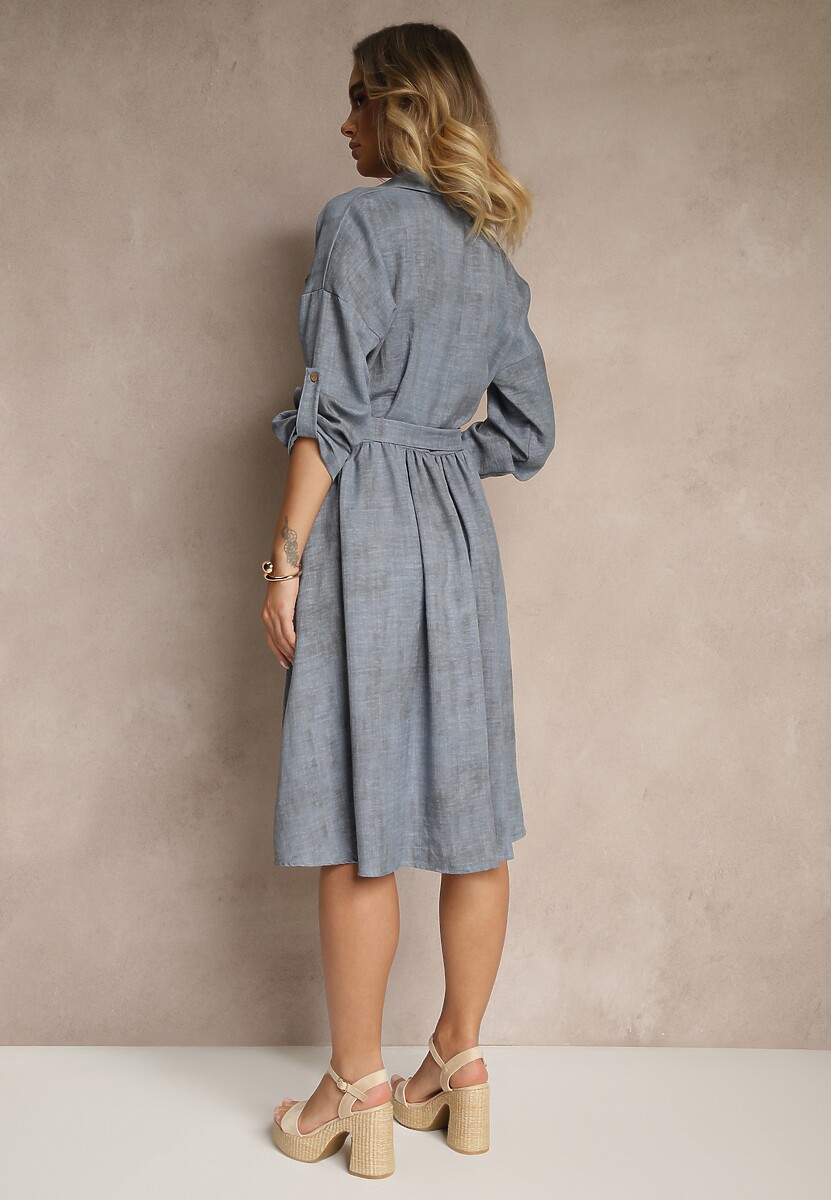 Niebieska Sukienka Koszulowa z Paskiem z Klamrą i Kieszonką Parmio