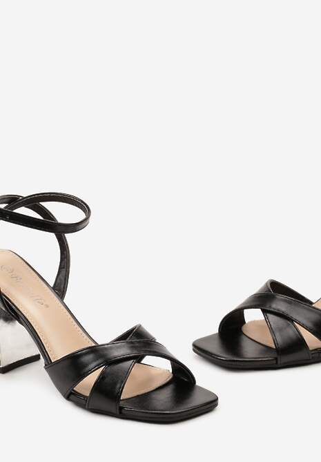 Czarne Sandały z Ekoskóry na Słupku z Kolorowymi Kryształkami i Sprzączką Kardila