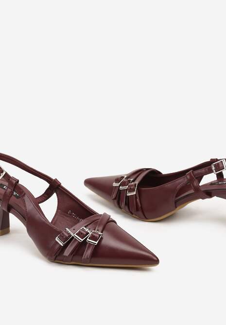Bordowe Czółenka z Noskiem w Szpic na Obcasie Kaczuszce z Dekoracyjnymi Klamrami Sinitte