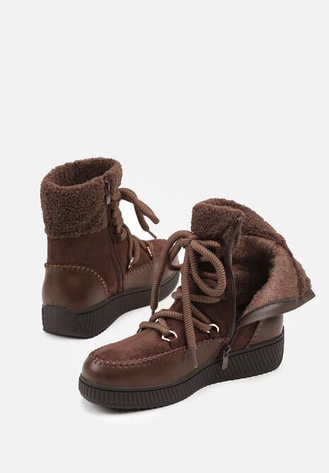 Brązowe Śniegowce Zdobione Futrem i Przeszyciami Genilea