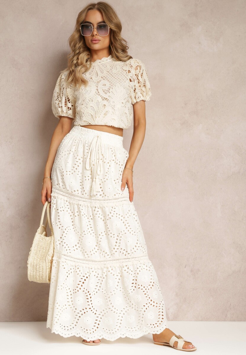 Beżowa Haftowana Spódnica z Gumką w Pasie i Falbanką Lileia