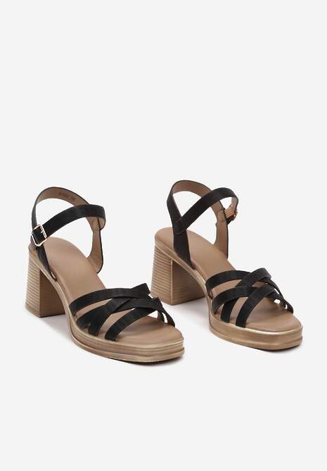 Czarne Sandały z Imitacji Skóry na Słupku Zapinane Wokół Kostki Ploelia