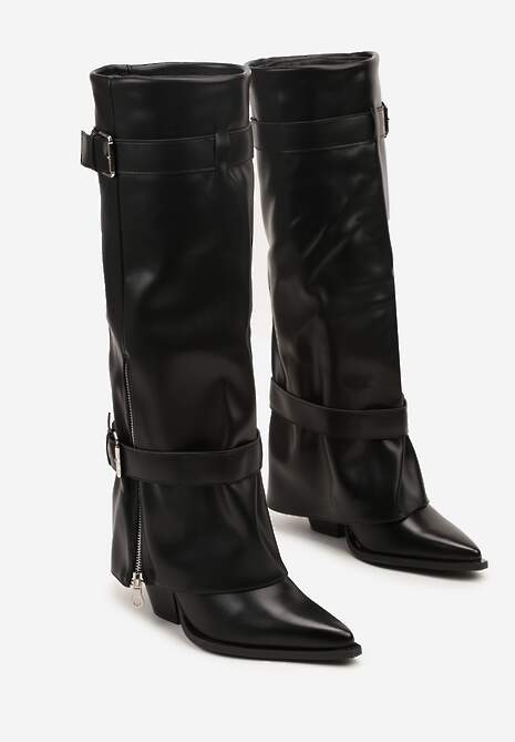 Czarne Kozaki na Stożku z Cholewką Imitującą Nogawkę z Klamrami i Suwakiem Erseria