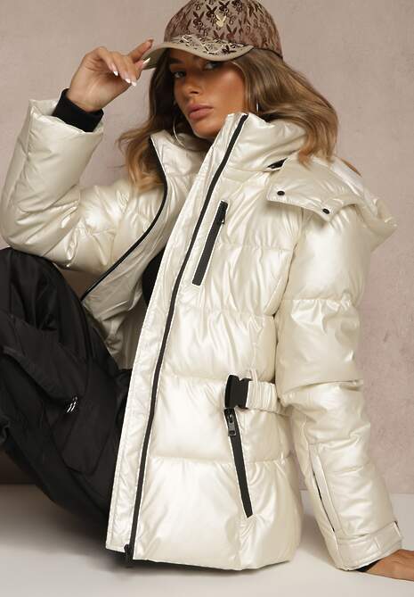 Biała Kurtka Zimowa Y2K z Pikowaniem i Paskiem ze Sprzączką Cerrive