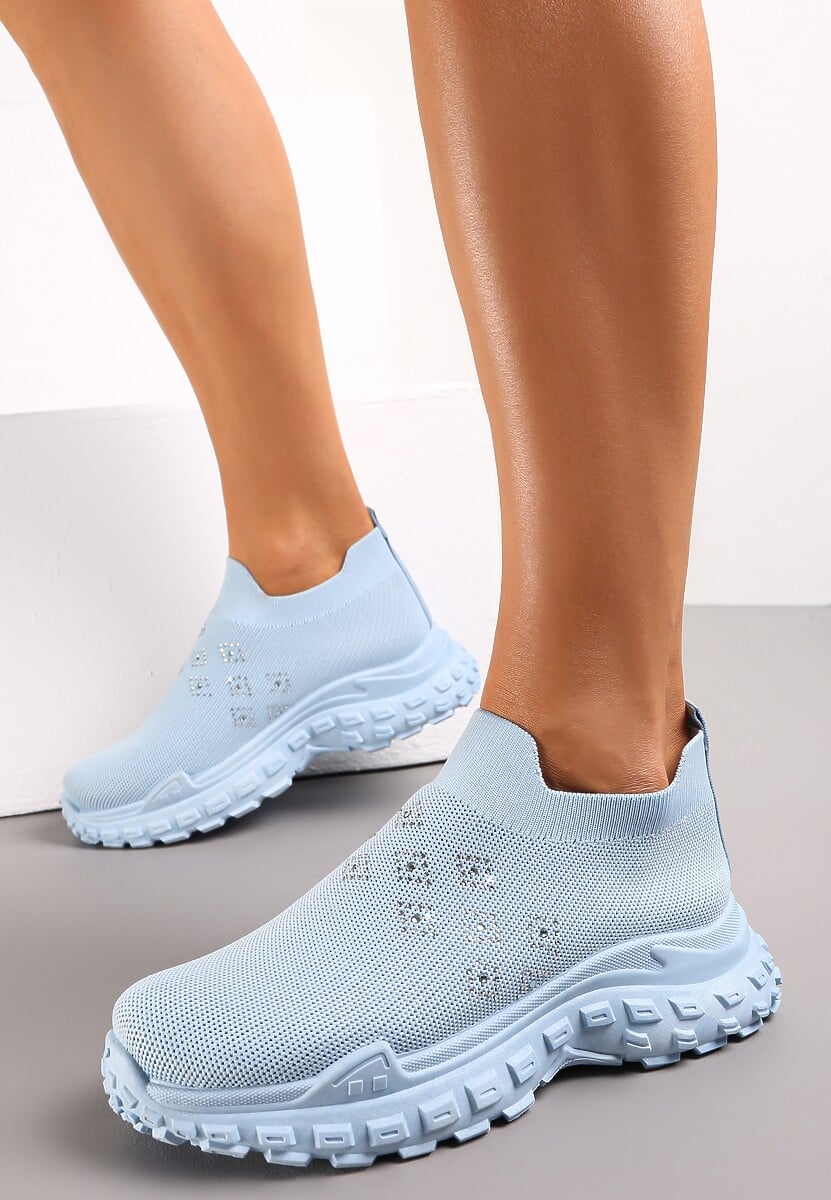 Jasnoniebieskie Buty Sportowe na Grubej Podeszwie z Elastyczną Cholewką z Cyrkoniami Kolby