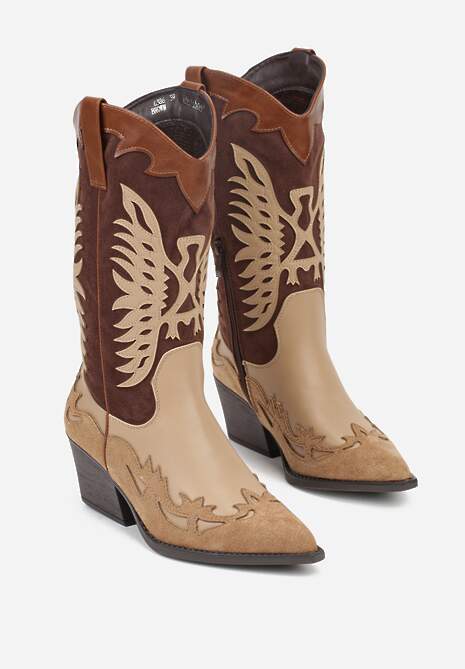 Brązowe Botki Kowbojki na Stożku z Tłoczoną Cholewką Badilora