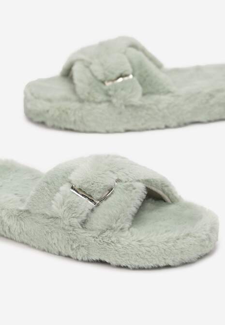 Zielone Kapcie Futrzane ze Sprzączką Nasch