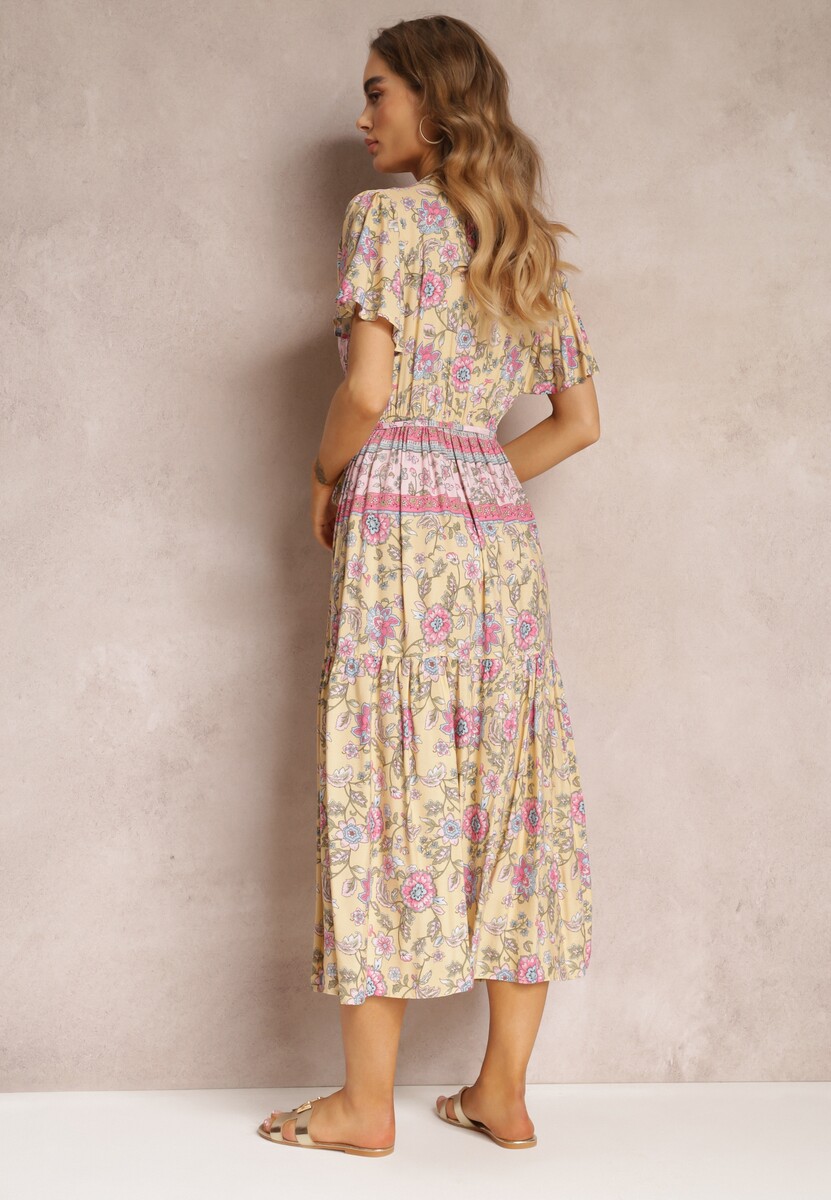 Żółta Kwiecista Sukienka Midi z Gumką w Pasie i Falbanką przy Rękawach Hachitane