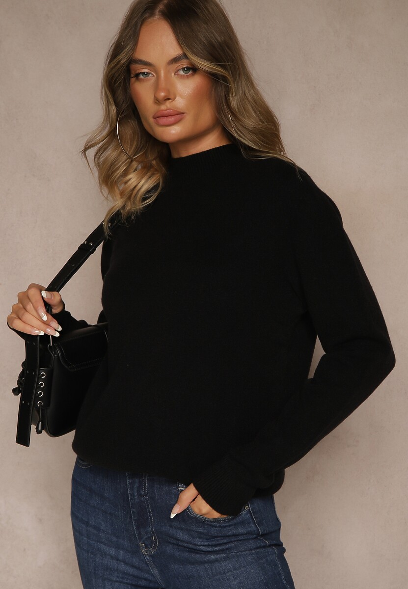 Czarny Gładki Sweter z Półgolfem z Dzianiny z Wełną i Wiskozą Zaiara